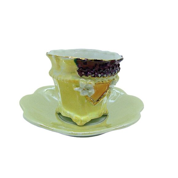 Vintage Germany Demitasse Mini Porcelain Lusterware Teacup Saucer Purple Yellows - Picture 2 of 12
